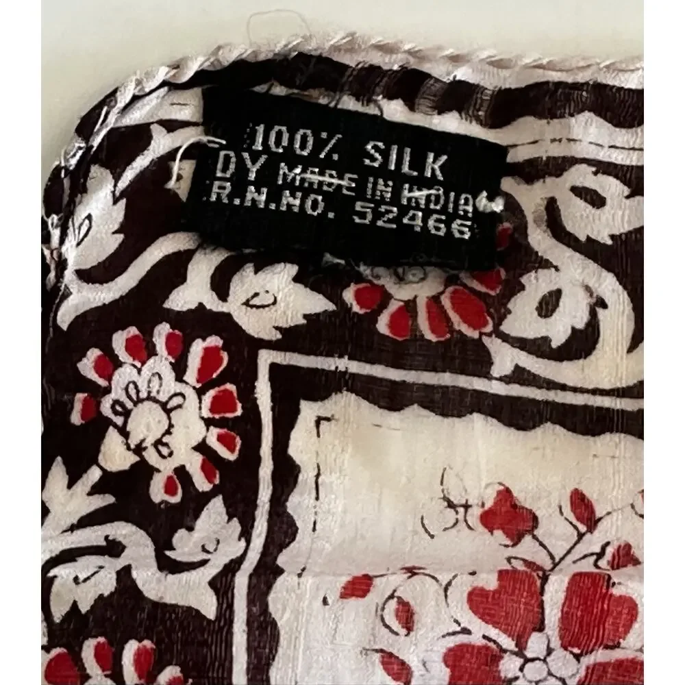 Vtg India 100% Silk Paisley and Floral Long Scarf Cream Black Red Elegant Glam